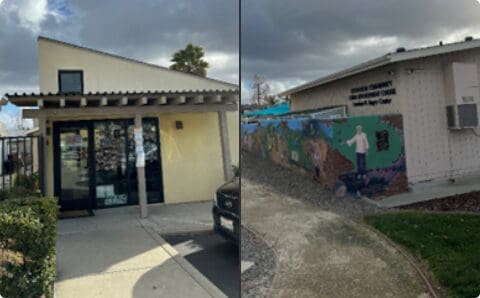 A before and after picture of the outside of a building.