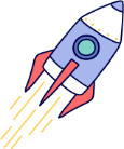 A cartoon of a rocket flying through the air.